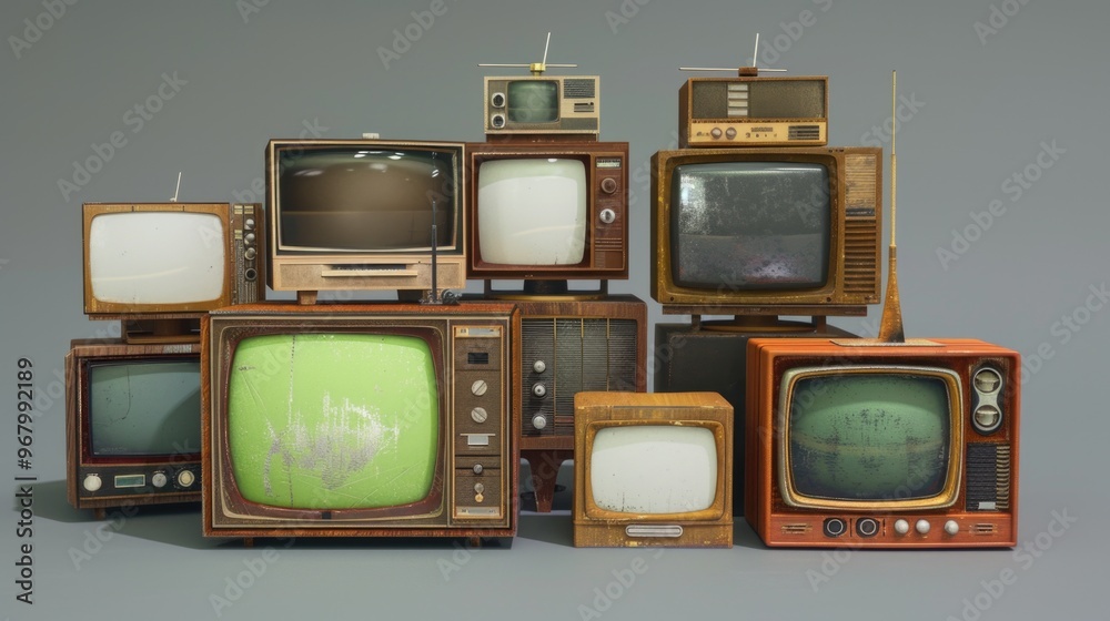 Poster A collection of outdated television sets stacked upon each other, perfect for use in a nostalgic or retro-themed setting