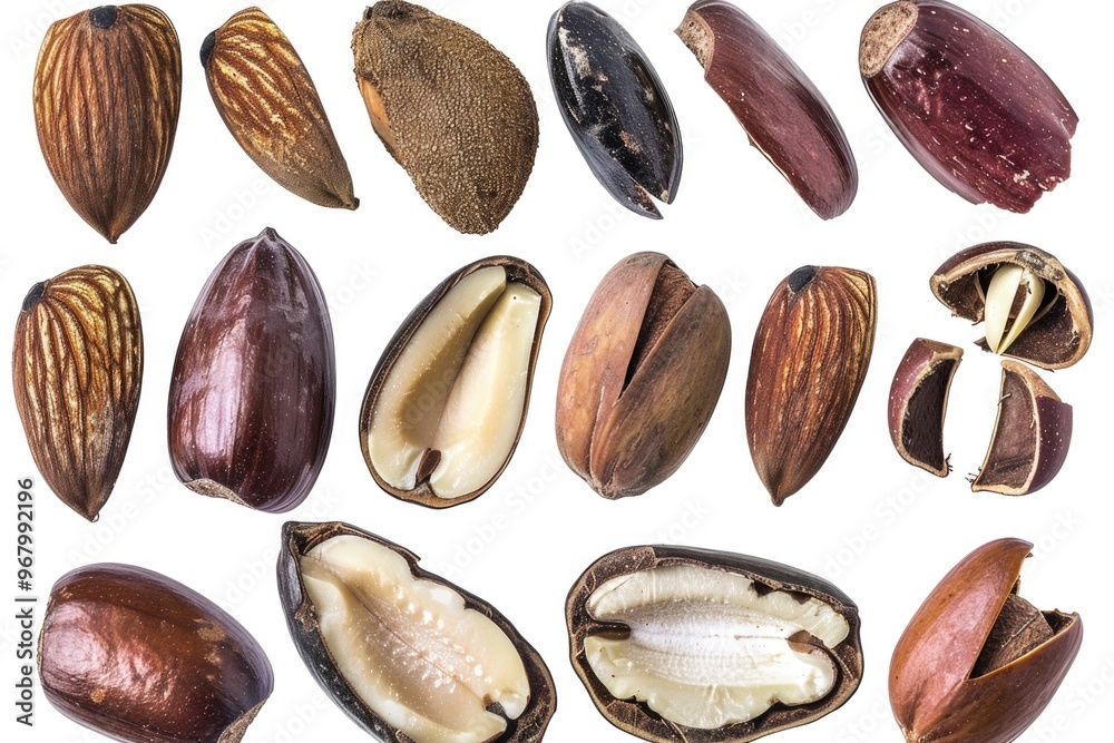 Poster A selection of various nuts arranged neatly on a clean white surface, ideal for food or presentation purposes