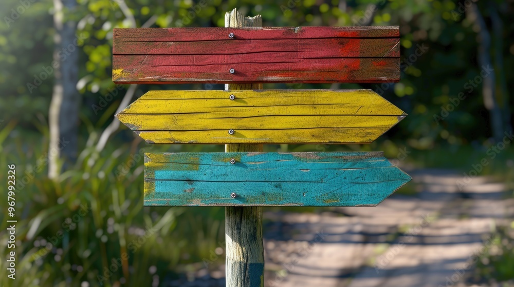 Poster A wooden directional sign with multiple arrows pointing in various directions