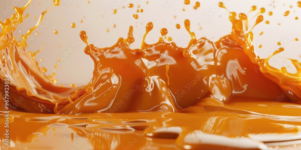 Poster a close-up shot of a vibrant orange liquid splashing onto a table