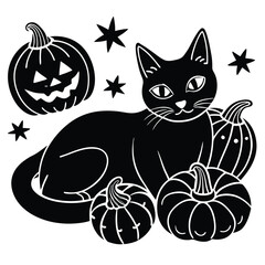 Fototapeta premium Set of Halloween clipart with black cats, carved pumpkins, and spiders