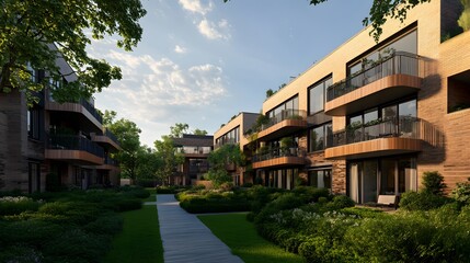 Obraz premium Modern Apartment Building with Lush Landscaping and Balconies