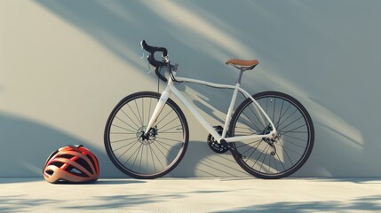 Obraz premium A stylish bicycle and helmet are positioned against a modern wall, evoking a sense of adventure and outdoor activity.