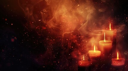 horizontal banner, All Saints' Day, Day of the dead, dark abstract background, burning candles, concept of sorrow, sadness and sympathy, copy space, free space for text