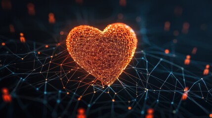 Customer Connection: A glowing, abstract heart surrounded by orbiting business figures, symbolizing the importance of maintaining strong customer relationships for success