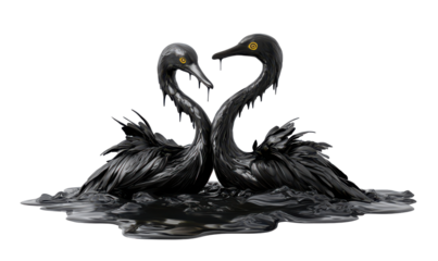 Duck coated in oil struggles amidst polluted waves isolate on transparent background, highlighting marine pollution, png, cutout