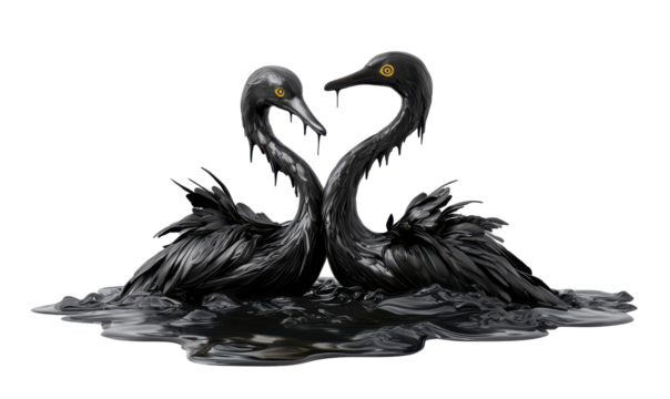 Duck coated in oil struggles amidst polluted waves isolate on transparent background, highlighting marine pollution, png, cutout