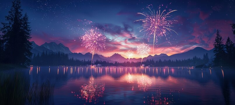 Fireworks Display Over Serene Lake with Stunning Reflections at Dusk - Perfect for Nature Posters