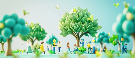 Obraz premium A vibrant scene of people engaging in environmental activities, surrounded by trees and nature, promoting sustainability and community spirit.
