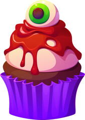 Halloween holiday sweet dessert or monster cupcake, vector cartoon icon. Halloween horror night holiday and trick or treat party sweet candy muffin with zombie monster eye for pastry sweet food