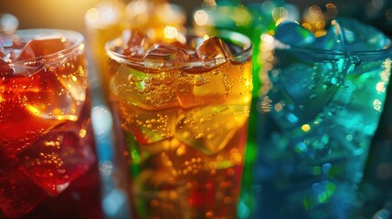A close up of a variety of colorful and flavored cold sodas with ice cubes, featuring vibrant bubbles and glazed ice.