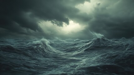 A rough sea under a grey, stormy midnight sky, with clouds swirling overhead and waves crashing violently, a realistic and high-definition shot with natural lighting