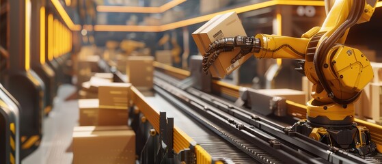Fototapeta premium Advanced robotic arm handling packages in a modern warehouse, showcasing automation and efficiency in logistics operations.