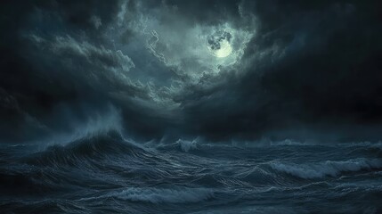 Obraz premium A stormy sea with waves crashing under a dark, cloudy midnight sky, illuminated faintly by moonlight, creating a moody and dramatic scene