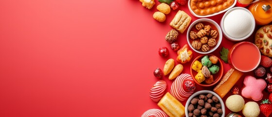Assorted colorful sweets and desserts on a vibrant red background, featuring a variety of candies, cookies, macaroons, and chocolates.