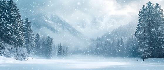 Dramatic heavy snowfall blanketing a serene and majestic mountain landscape creating a picturesque winter wonderland scene The snowy forest and frozen terrain exude a tranquil