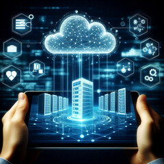 Cloud Computing Data Center concept of Digital cloud solutions on PCB futuristic background