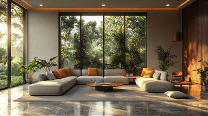 Modern living room with large windows and a comfortable sectional sofa.