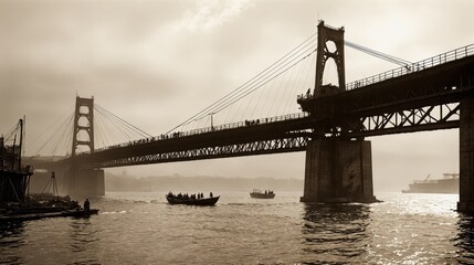 Naklejka premium Generative AI, Suspension Bridge Over a River with Boats in the Water on a Foggy Day