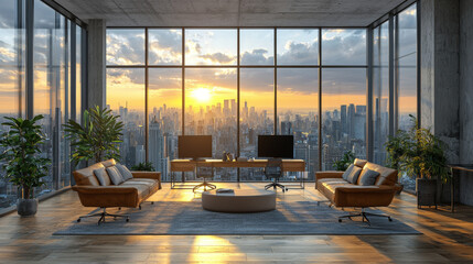 Fototapeta premium A modern office with a stunning city view.
