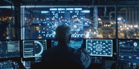 The image depicts a cyber security operations center with multiple screens displaying real-time network data for analysis and threat response.