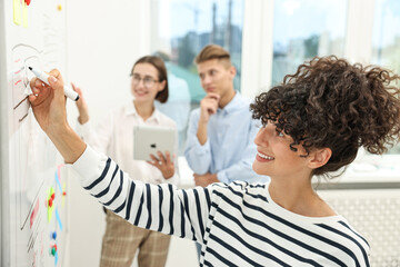 Developing UI design. People drawing website wireframe on whiteboard indoors