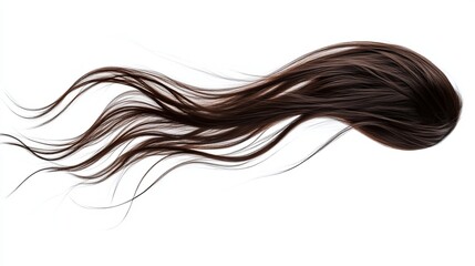 Strong winds cause brunettes' long, straight wigs to fly out of style. Wig wave hair of a brunette floating in midair. Wind-blown, straight brunette curl wig hair. White background isolated