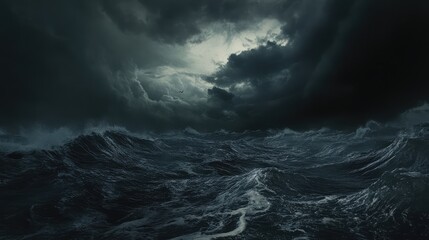 Fototapeta premium Realistic shot of a stormy ocean at night, with heavy clouds covering the sky, creating a dramatic and foreboding atmosphere, detailed waves and dark water