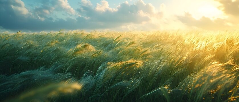 Golden wheat or barley field undulating with the motion of the wind under a dramatic cloudy sky with a glowing sunset or sunrise  Tranquil peaceful and scenic countryside landscape