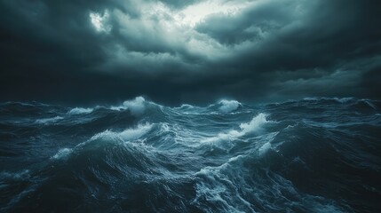 Fototapeta premium Realistic shot of a stormy ocean at night, with waves crashing against each other under heavy storm clouds, grey skies, and dramatic, moody lighting