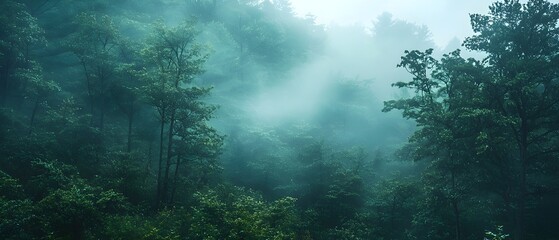 Obraz premium Misty morning forest landscape with a dense lush canopy of verdant trees shrouded in a veil of ethereal fog creating a mysterious tranquil and serene ambiance