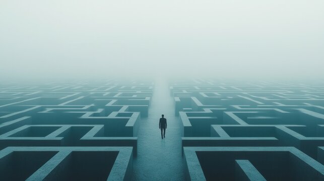 Endless Maze: A person wandering through a massive, abstract maze that seems to shift and change, symbolizing the feeling of getting lost or stuck while pursuing difficult goals that seem never-ending
