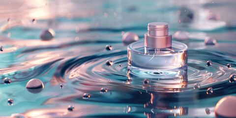 Rain on a glass of water with air bubbles and water droplets.