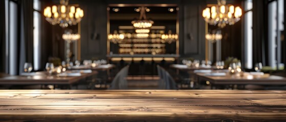 Fototapeta premium Elegant restaurant interior featuring wooden tables and stylish chandeliers, perfect for dining occasions and social gatherings.