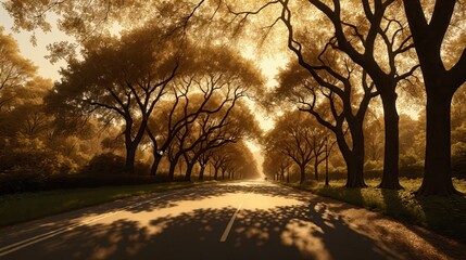 Fototapeta premium Generative AI, Sunlit Road Lined with Majestic Trees Creating a Canopy of Shadows