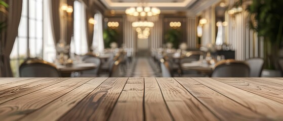 Elegant restaurant interior with wooden table and luxurious decor, ideal for dining experiences and fine cuisine photography.