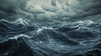 Realistic shot of rough ocean waves in a storm, with a grey midnight sky full of thick, swirling clouds, captured in high-definition detail and natural lighting