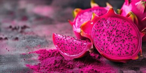 Pink dragon fruit with its distinctive seeds, showcasing a close-up of the fresh and healthy produce.
