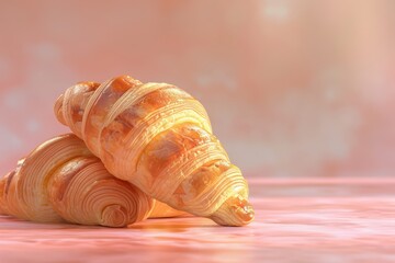 Freshly baked croissants on a soft pastel background, showcasing their flaky texture and golden...