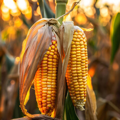 Corn on the stalk ready to harvest in the field