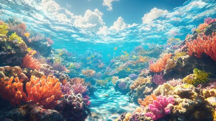 A stunning coral reef at a tropical location with vibrant marine life and clear, lush waters.