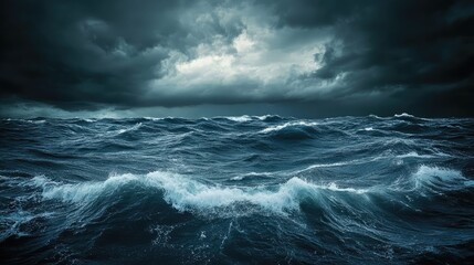 Obraz premium Stormy sea, the horizon barely visible under thick grey clouds in the midnight sky, with waves crashing in a moody, dramatic scene, sharp focus on water textures
