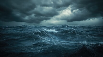 Fototapeta premium Stormy sea, the horizon barely visible under thick grey clouds in the midnight sky, with waves crashing in a moody, dramatic scene, sharp focus on water textures