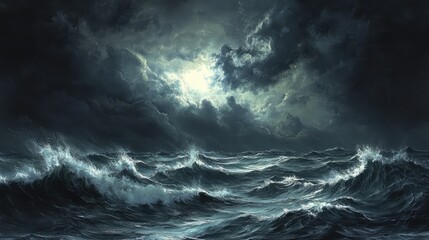 Obraz premium The ocean is wild and chaotic, with large waves crashing under a dark, stormy sky, grey clouds covering the moonlight, creating an intense, moody scene