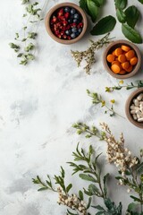 This image features an assortment of herbs, dried fruits, berries, and other natural ingredients arranged in wooden bowls.
