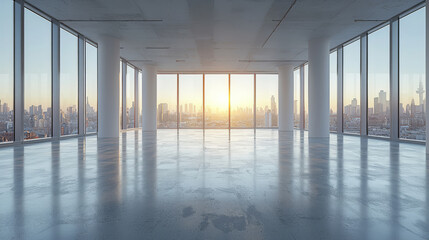 Empty office space with city skyline view