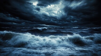 Fototapeta premium The sea churns and crashes under a dark stormy sky, with thick clouds swirling in the midnight air, high-definition detail and natural lighting capturing the mood