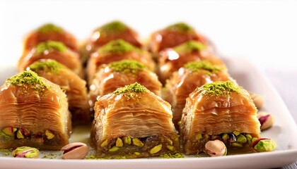 Pistachio Turkish baklava on a plate	