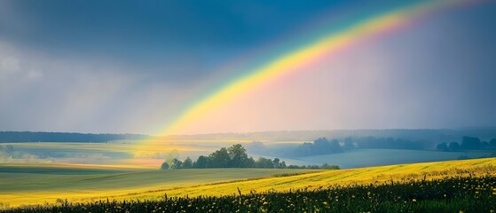 Vibrant rainbow arching across a picturesque rural landscape after a rainstorm creating a dramatic and colorful scene that evokes a sense of hope and renewal  The lush green fields rolling hills