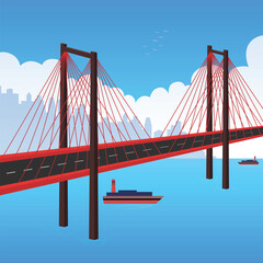  This stunning image captures a vibrant red bridge gracefully arching over a calm river, creating a striking contrast against the modern cityscape in the background. 